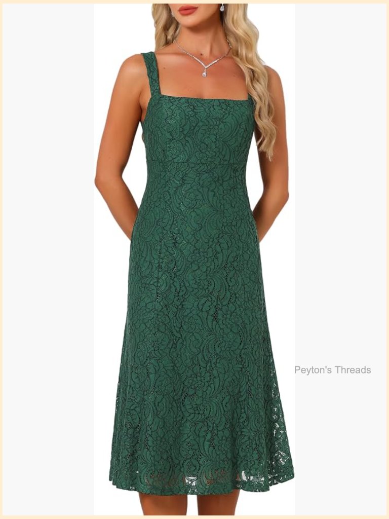 Square Neck Lace Midi Cocktail Dress With Spaghetti Straps